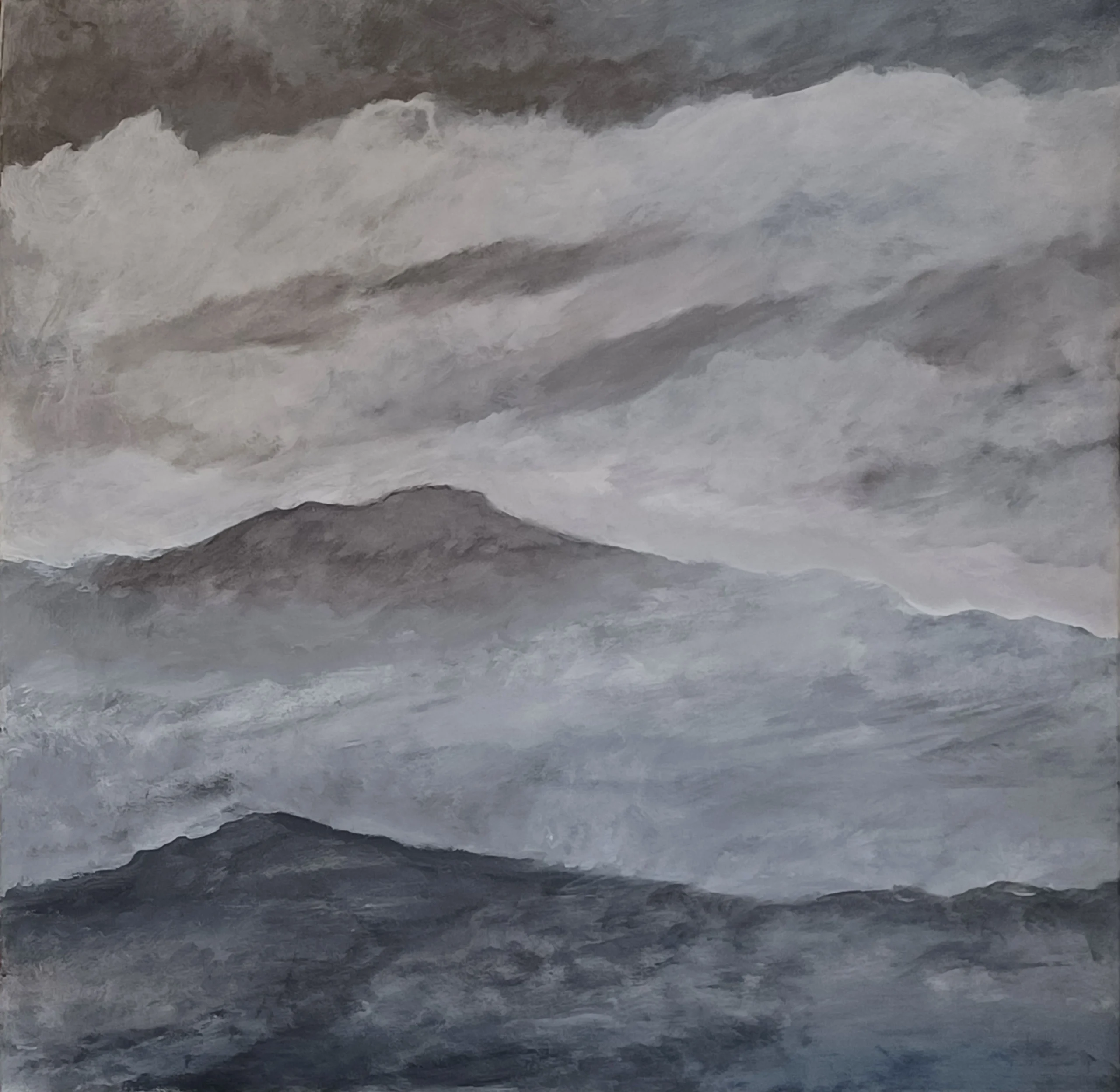 Peinture sur toile réalisée par Vincent Tripard représentant un paysage montagneux et nuageux