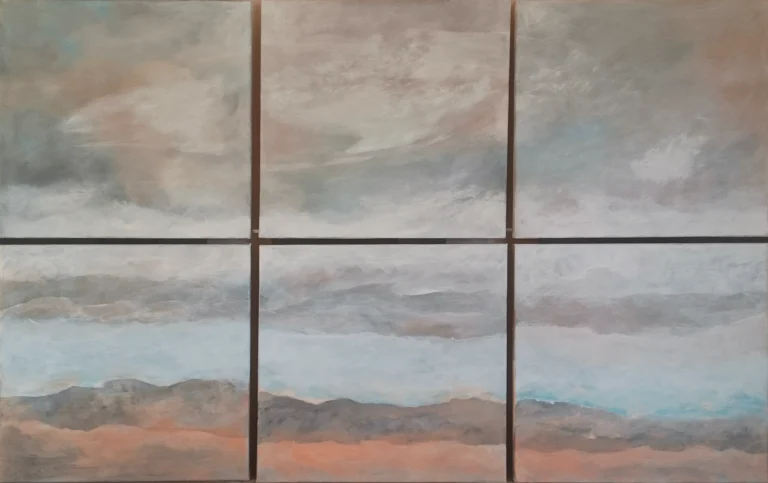 Peinture de 6 toiles réalisées par Vincent Tripard à propos d'un paysage nuageux.