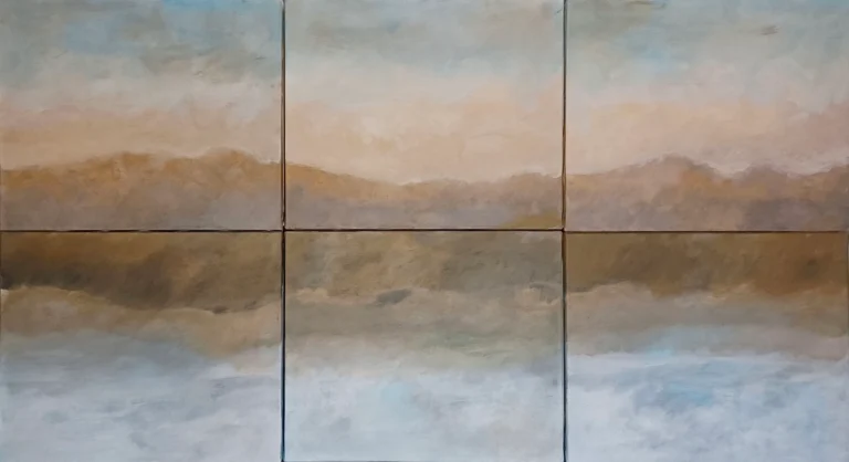 Toiles représentant un paysage montagneux dans les tons brun beige et bleu ciel